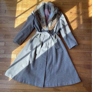 Vintage Fur Collar Belted Wool Princess Coat size Medium